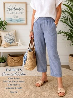 Talbots Haven Well Within 100% Linen Crop Pants M Chambray Blue